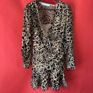 ASTR‎ The Label Leopard Print Ruched Mini Dress Brown Black Long Sleeve Small